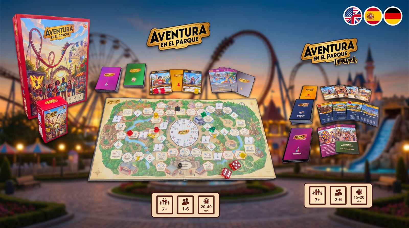 Vista general de los componentes: caja y tablero de Aventura en el Parque con sus mazos, y el juego de cartas Travel, disponibles en inglés, español y alemán