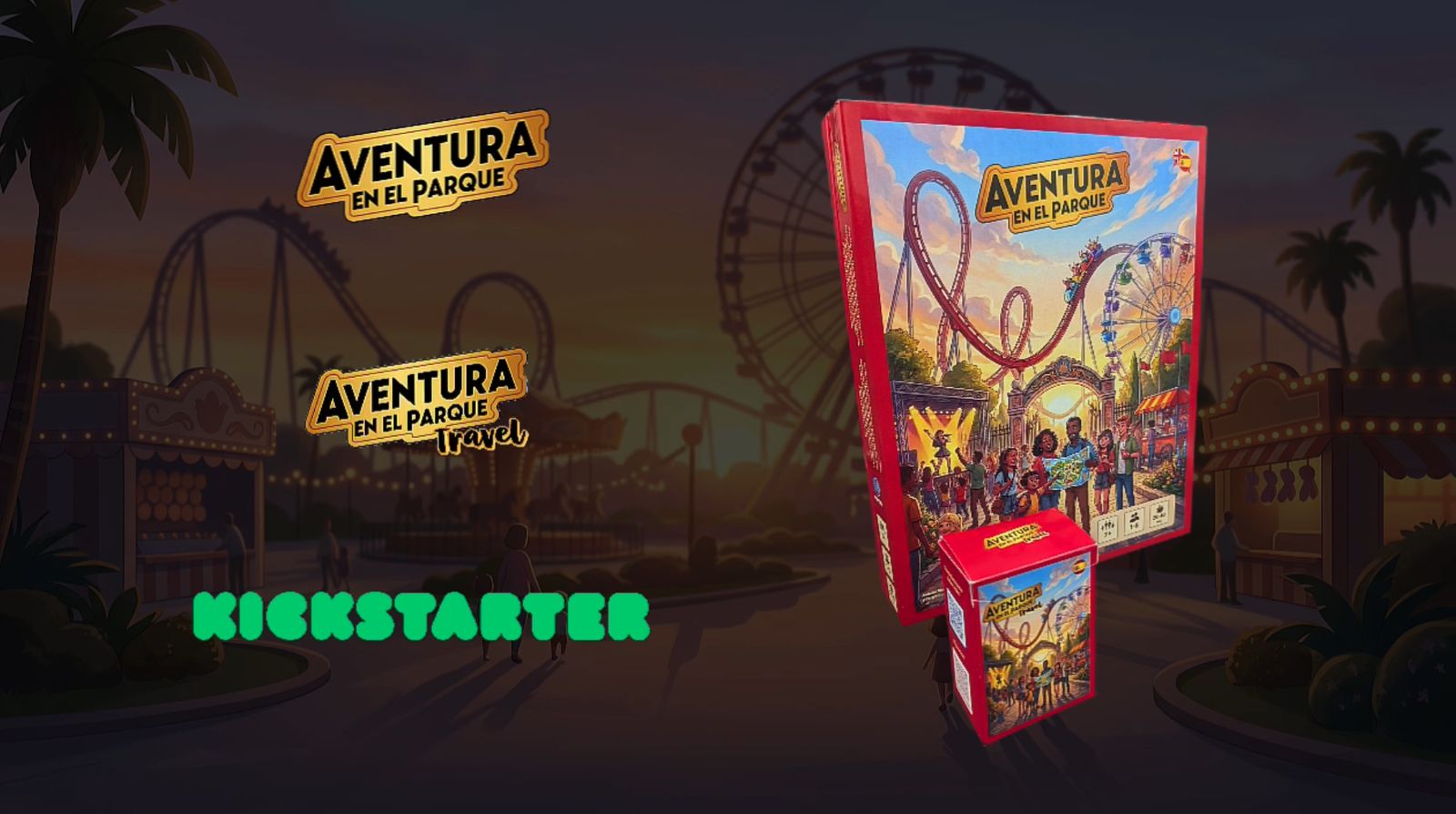 Cajas de Aventura en el Parque y Aventura en el Parque Travel en un parque de atracciones al atardecer, con el logo de Kickstarter